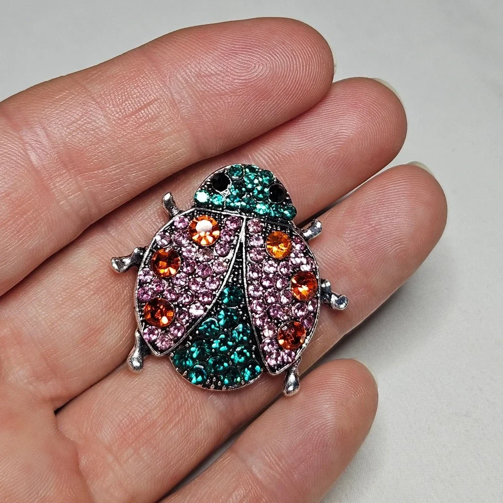 Ladybug Brooch Pin Womens OS Pink Teal Rhinestone Beetle Jewelry
